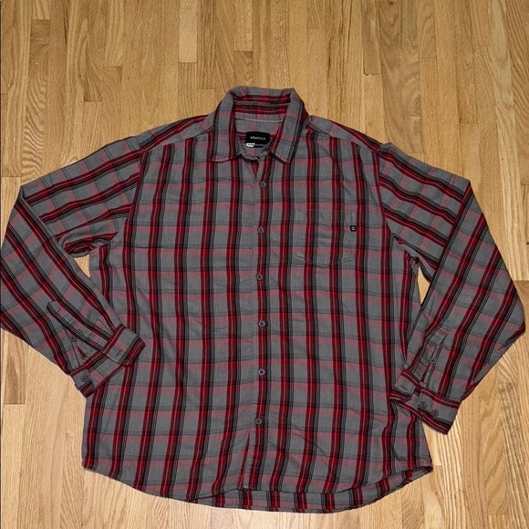 Marmot Red and Grey Plaid Casual Button Down Long Sleeve Button Down Shirt - Picture 1 of 10